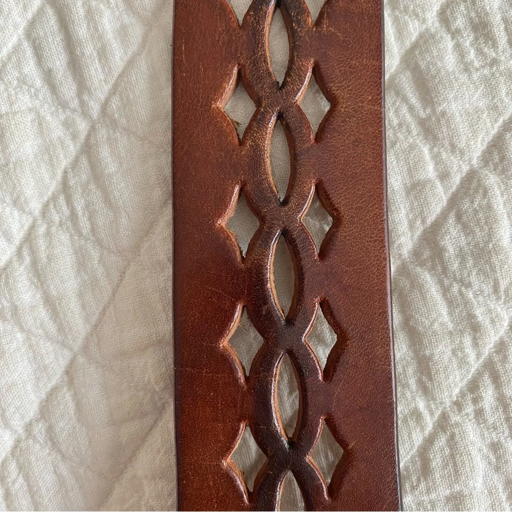 Western Brown Leather Belt Perforated Cutouts Silver Buckle Festival Boho Hippie